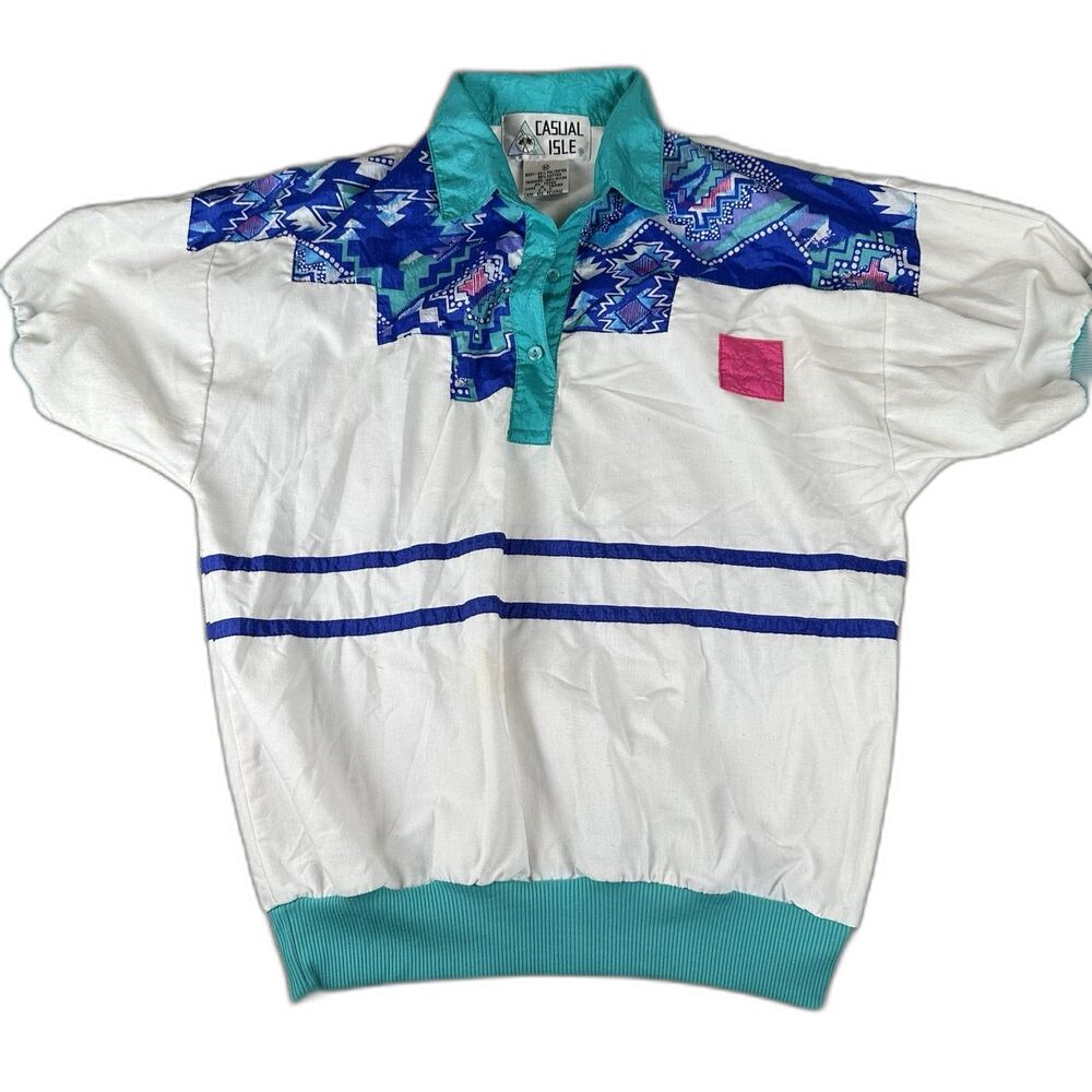 Vintage Casual Isle Short Sleeve Pullover Windbreaker Medium Aztec Teal Purple